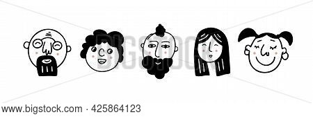 Set Of Human Faces Expressing Positive Emotions. Human Faces With Wide Smiles. Set Of Cheerful Peopl