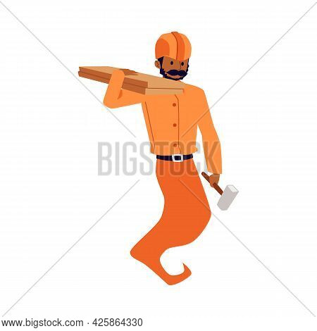 Fairy Genie Handyman Or Workman, Builder Flat Vector Illustration Isolated.