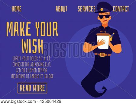 Website Banner With Friendly Smiling Genie Policeman, Flat Vector Illustration.