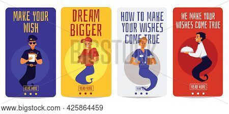 Banners With Professional Workers Look Like Genie, Flat Vector Illustration.