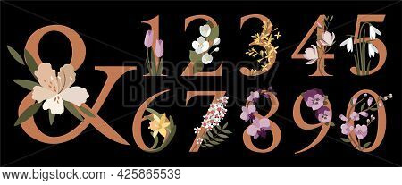 Floral Botanical Numbers.numbers With Spring Flowers.collection Of Modern Art Numbers In Pastel Colo