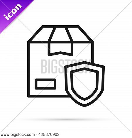 Black Line Delivery Security With Shield Icon Isolated On White Background. Delivery Insurance. Insu