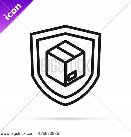 Black Line Delivery Security With Shield Icon Isolated On White Background. Delivery Insurance. Insu