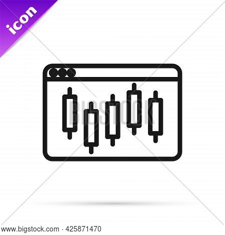 Black Line Browser With Stocks Market Growth Graphs And Money Icon Isolated On White Background. Mon