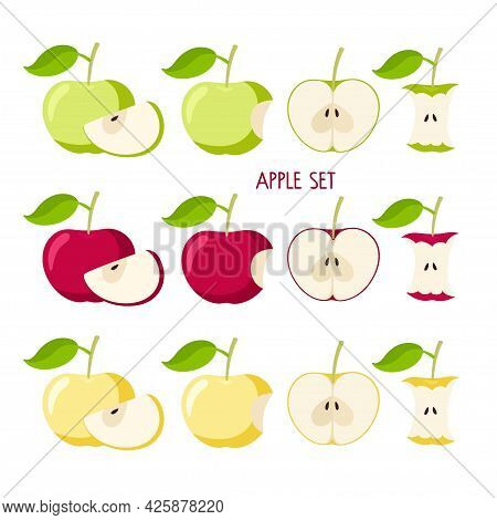Apple Set. Flat Icon Red, Yellow, Green Apple Fruit With Leaf. Whole, Bitten, Cut, Core. Farmer Mark