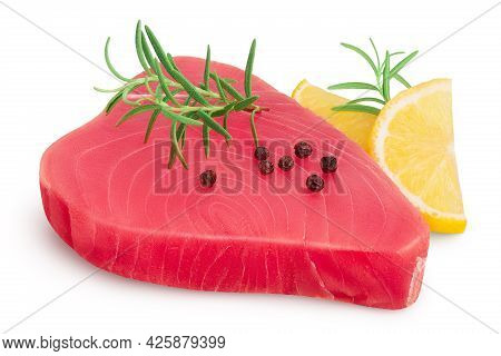 Fresh Tuna Fish Fillet Steak With Rosemary, Lemon And Peppercorns Isolated On White Background With 