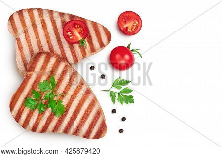 Tuna Fish Steak Grilled Isolated On White Background With Clipping Path And Full Depth Of Field, Top