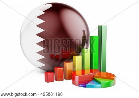 Qatari Flag With Growth Bar Graph And Pie Chart. Business, Finance, Economic Statistics In Qatar Con