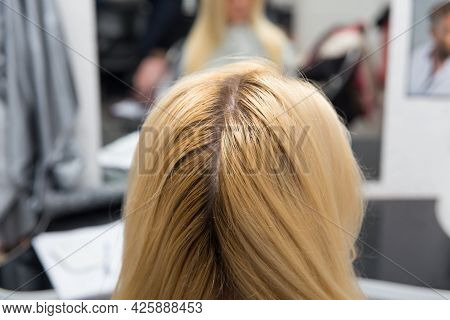 A Hairdresser Applies Paint With A Brush To A Woman's Hair In A Beauty Salon.