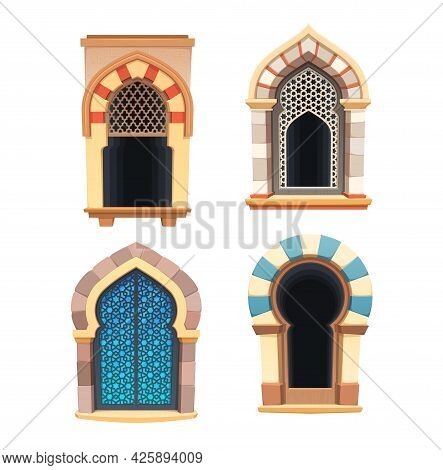 Windows Of Arabian Castle Or Fortress Interior Vector Design. Cartoon Arched Window Apertures With C