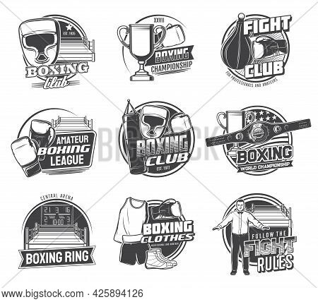 Boxing Sport Icons Of Vector Box Punching Bags, Boxer Gloves And Helmets. Boxing Championship Ring, 