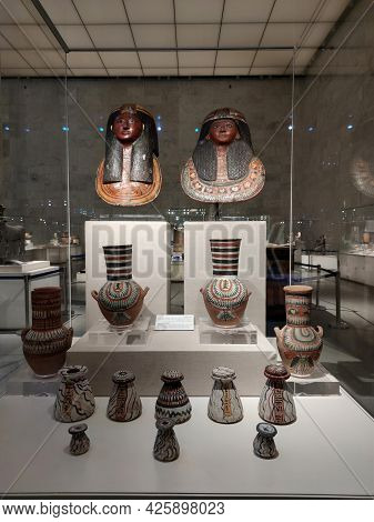 May 17, 2021. Cairo. Egypt. Beautiful Masks Of An Ancient Egyptian Pharaoh In The Cairo Museum.