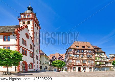 Mosbach, Germany - June 2021: Old City Hall And Half Timbered Buildings At Historic City Center On S