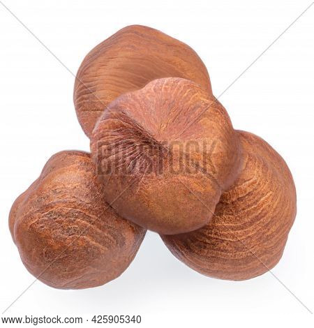 Hazelnuts  Isolated On White Background. Heap Of Hazelnuts Macro. Top View