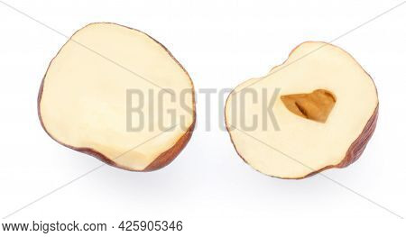 Hazelnuts  Isolated On White Background. Heap Of Hazel Nuts Pieces  Macro. Top View