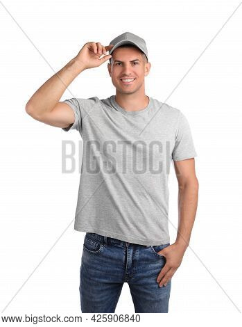 Happy Man In Grey Cap And Tshirt On White Background. Mockup For Design