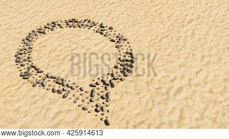 Concept conceptual stones on beach sand handmade symbol shape, golden sandy background, emplty cloud sign. 3d illustration metaphor for communication, online talking, chatting, internet discussion