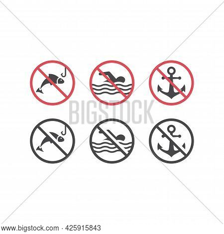 No Swimming, Fishing And Dock Red Prohibition Sign. Warning Icon Set With Fish, Swimming Man And Anc