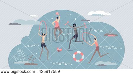 Hydrotherapy And Water Cure For Body Disease Treatment Tiny Person Concept. Physical Exercise For He