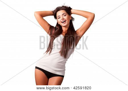 Attractive Young Woman In A White T-shirt On White Background