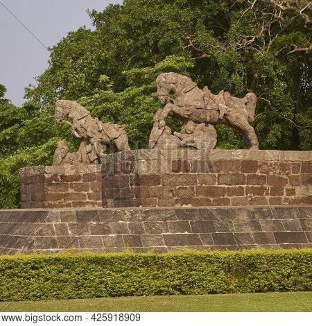 Statue Of War Horses At The Ancient Surya Hindu Temple At Konark Orissa India. 13th Century Ad