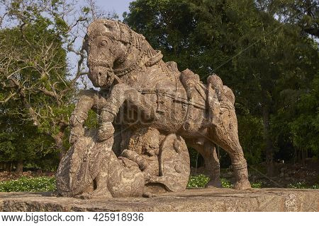 Statue Of War Horses At The Ancient Surya Hindu Temple At Konark Orissa India. 13th Century Ad