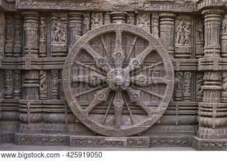Detail Of Chariot Wheel And Religious Carvings Decorating The Ancient Surya Hindu Temple At Konark O