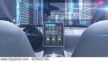 Image of image game simulation screen showing car cockpit driving through city streets. Virtual reality image gaming concept digitally generated image.