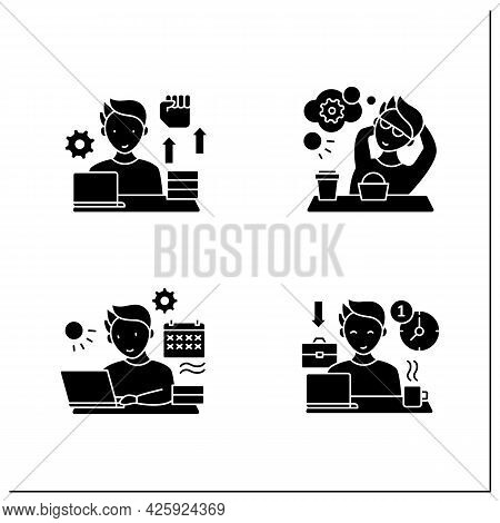 Workaholic Glyph Icons Set. Workaholism Prevention And Consequences. Workaholism Treatment, Ethic An