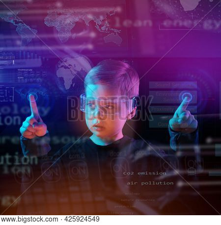 Cute little boy using digital glasses. sci-fi, earth awareness, future mind controlling concept