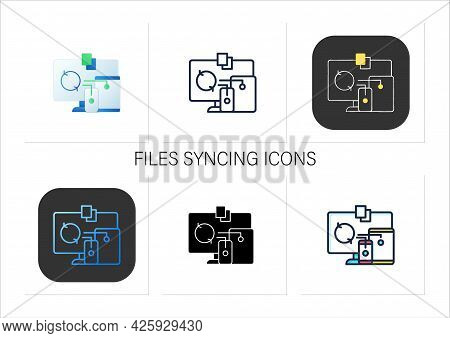 Files Syncing Icons Set.synchronizing All Documents In Different Devices.conecting To Different Devi