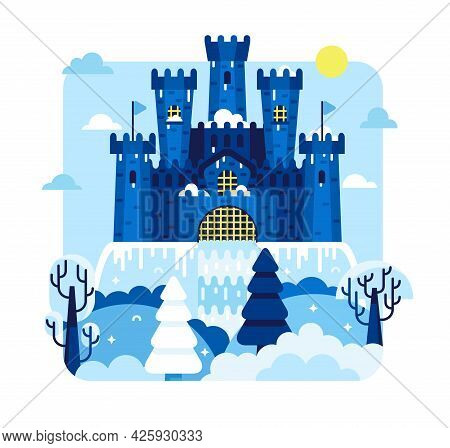Cartoon Snowy Farytale Palace - Medieval Castle On Winter Landscape - Flat Cartoon Vector Illustrati