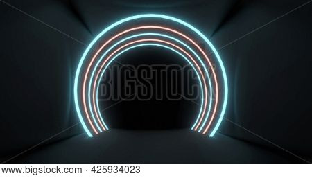 Concetric blue and pink neon light arches pulsating on a black background. energy, electricity, colour and movement concept, digitally generated image.