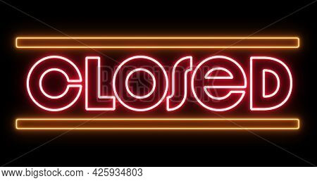 Image of glowing neon red closed text with bars flickering on seamless loop on black background. repetition colour and movement concept digitally generated image.