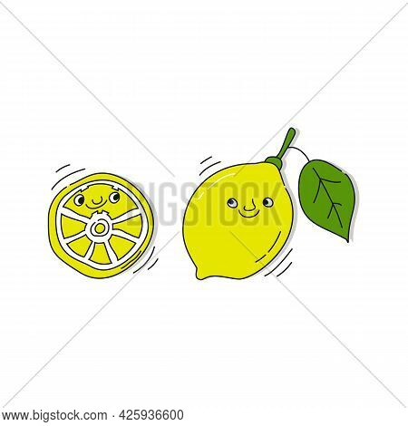 Lemon Fruit With Smile On White Background. Whole Citrus Fetus And Its Half. Cartoon Sketch. Doodle
