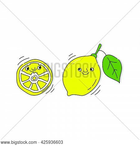 Lemon Fruit With Smile On White Background. Whole Citrus Fetus And Its Half. Cartoon Sketch. Doodle