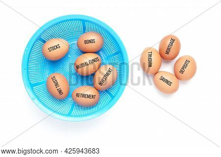 Eggs Inside And Outside The Basket With Finance Item. Don't Put All Your Eggs In One Basket Concept.