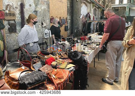 Lviv, Ukraine - May 16, 2021 : People Wearing Face Masks Shopping On Garage Sale In Lem Station. Hip