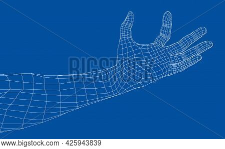 Hand Hold Some Tiny Or Thin Object. Vector Rendering Of 3d. Wire-frame Style. Hand Hold Somethin