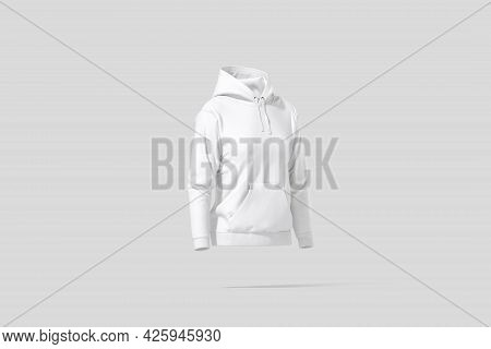 Blank White Women Sport Hoodie Mockup, Gray Background, 3d Rendering. Empty Female Tolstovka Or Swea