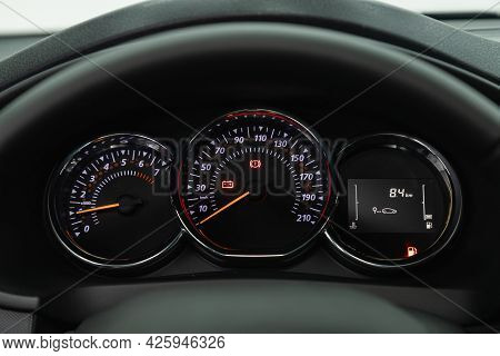 Novosibirsk, Russia - June 29, 2021: Renault Logan Stepway, Black Car Speedometer. Close Up Shot Of 
