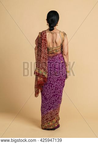 Rear view of an Indian woman in a traditional saree