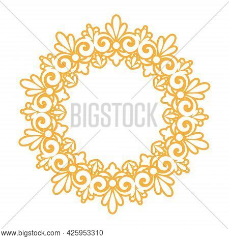 Template For A Decorative Frame With A Place For Text. Golden Round Openwork Ornament For Invitation