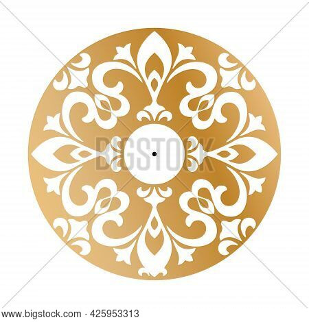 Template For A Decorative Frame With A Place For Text. Golden Round Openwork Ornament For Invitation