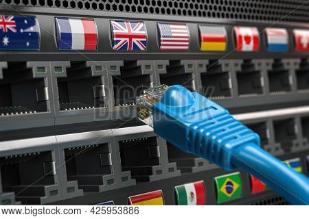 VPN virtual private network conncetion concept. Lan cable and a router with different flags. 3d illustration