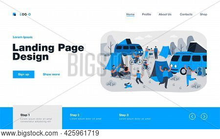 Summer Festival And Tourist Group Camping Outdoor. Flat Vector Illustration. People Enjoying Nature 