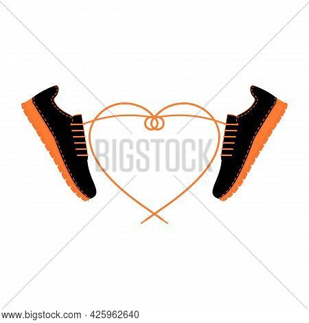 Two Sneakers With Long Tangled Shoelaces In Shape Heart. A Pair Of Shoes With Laces And Heart. Men S