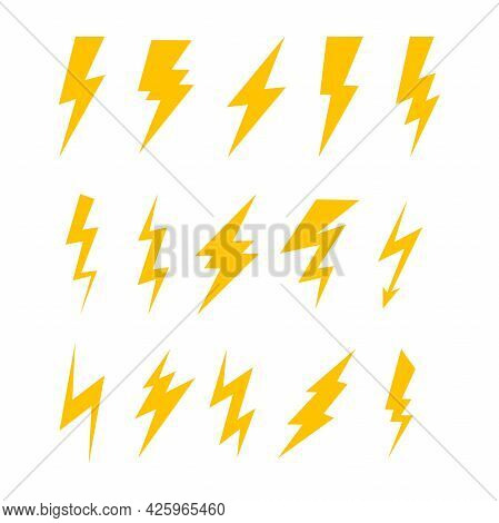 Set Of Simple Yellow Lightning Icon Design, Various Thunder Bolt Sign Collection Template Vector