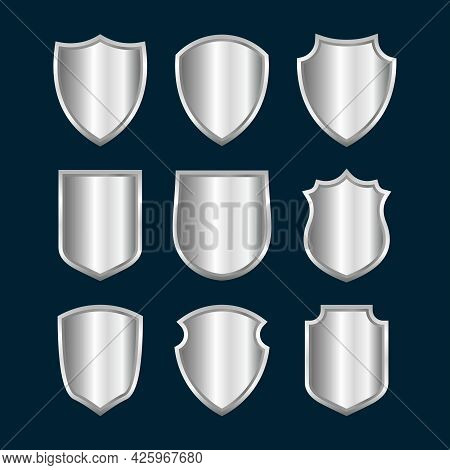 Set Of Different Silver Metalic Shield Shape Design Template Vector