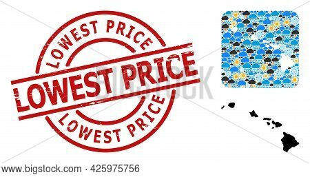 Weather Collage Map Of Hawaii State, And Textured Red Round Lowest Price Stamp. Geographic Vector Co